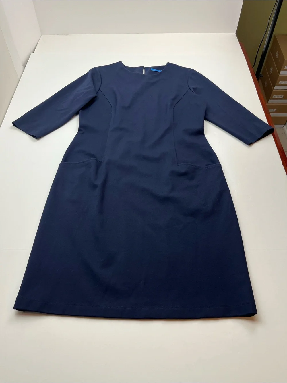 J. McLaughlin Classic Navy Blue Sheath‎ Dress Women's Large Midi Pockets Office